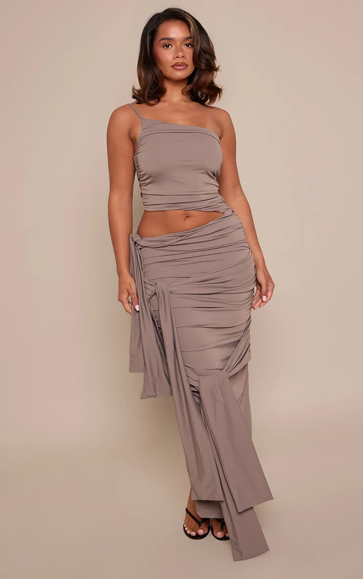 Dresses | Beige Slinky Jersey Knot Detail Cut Out One Shoulder Maxi Dress | PrettyLittleThing | PrettyLittleThing UK