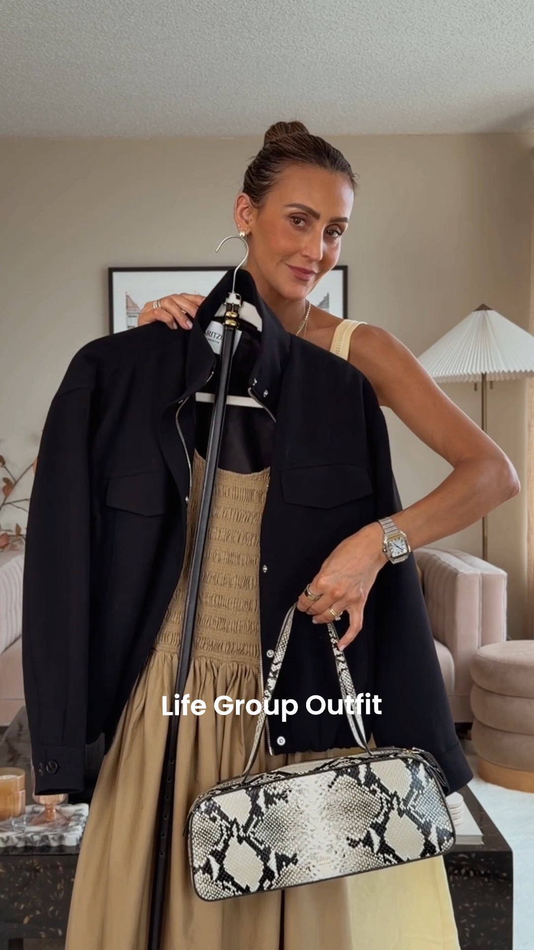 Transitional Outfit: Life Group Gathering 🤎🖤 comment LOVE for all the links! 

One of my favorite ways to transition khaki into fall: swap the summer whites + ivory for black or navy. It’s such a timeless color combination and an easy way to make the pieces you already own feel ready for a new season.

And this high-collar jacket?! I’m obsessed. So much so that I have it in ivory too. 🫣 

Size xs on dress and jacket

#LTKgrwm #LTKootd #LTKOver40
