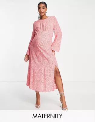 Nobody's Child Maternity fluted sleeve tea dress in pink squiggle print | ASOS (Global)
