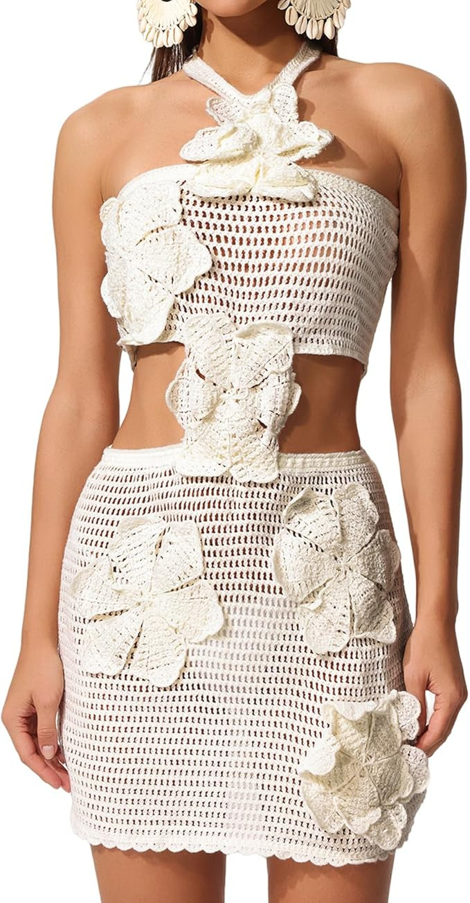 White Crochet Sleeveless Swim Cover Up Chic Weave Flowers Halter Neck Hollow Out Bikini Cover Up | Amazon (US)