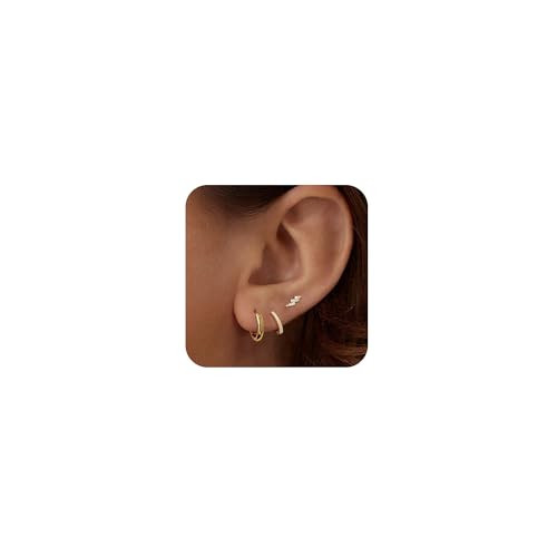 Foxgirl Small Gold Hoop Earrings for Women, Simple 14K Gold Plated Hypoallergenic Cz Lightning Huggie Stud Earrings Set Cartilage Minimalist Multiple Piercing Gold Jewelry for Women Gifts | Amazon (US)