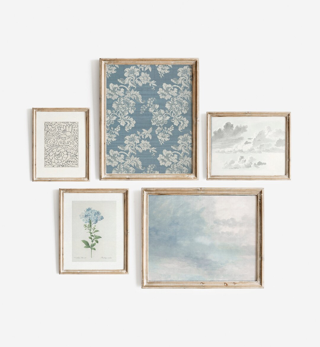 Blue French Cottage Gallery Wall Set of 5 Prints Printable Digital Download Botanical Sketch Blue... | Etsy (US)