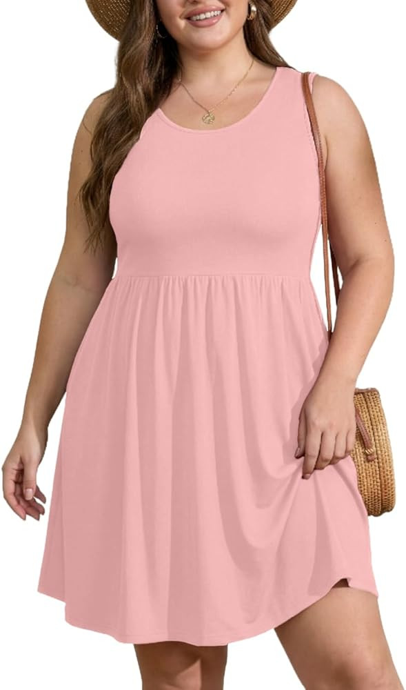 OLRIK Womens 2026 Plus Size Sundress A-Line Summer Sleeveless Knee Length Empire Waist T-Shirt Dr... | Amazon (US)