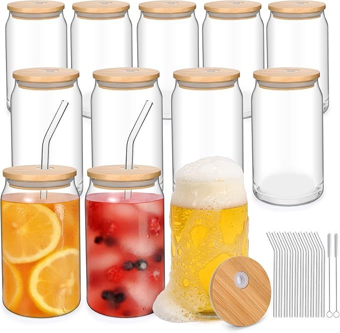 Drinking Glass Cups with Bamboo lids and Straws - 16oz Beer Can Shaped Glass Cups, Iced Coffee Gl... | Amazon (US)