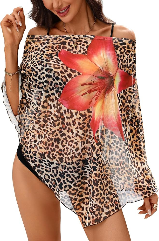 ZAFUL Women's Beach Mesh Cover Ups Floral Print Off the Shoulder Asymmetrical Poncho Tops Batwing... | Amazon (US)