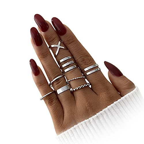 HAIAISO 8 Pcs Knuckle Rings Set Stainless Steel Ring Silver Simple Smooth Finger Stackable Rings Set for Women Plain Band Rings | Amazon (US)