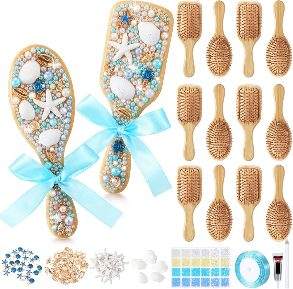 12 Set DIY Wooden Hairbrush Kits Bulk Bamboo Pearl Starfish Crafts for Hair Brush Make Your Own H... | Amazon (US)