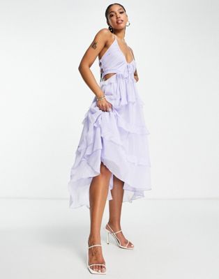 ASOS DESIGN tiered chiffon halter neck midi dress with cut out and ruffle detail in lilac | ASOS (Global)