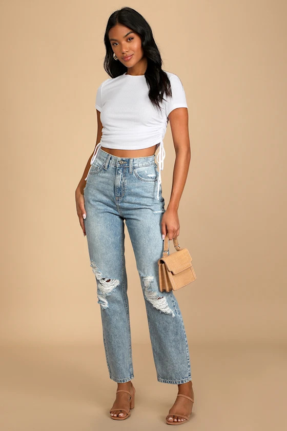 Totally Fly Light Wash High Rise Distressed Boyfriend Jeans | Lulus (US)