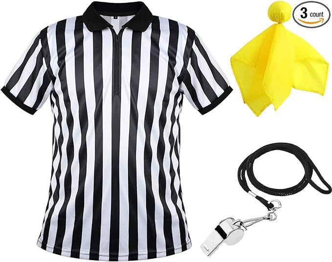 Men's Official Umpire Jersey, Black and White Stripe Overturned Collar Referee Shirt, Yellow Pena... | Amazon (US)