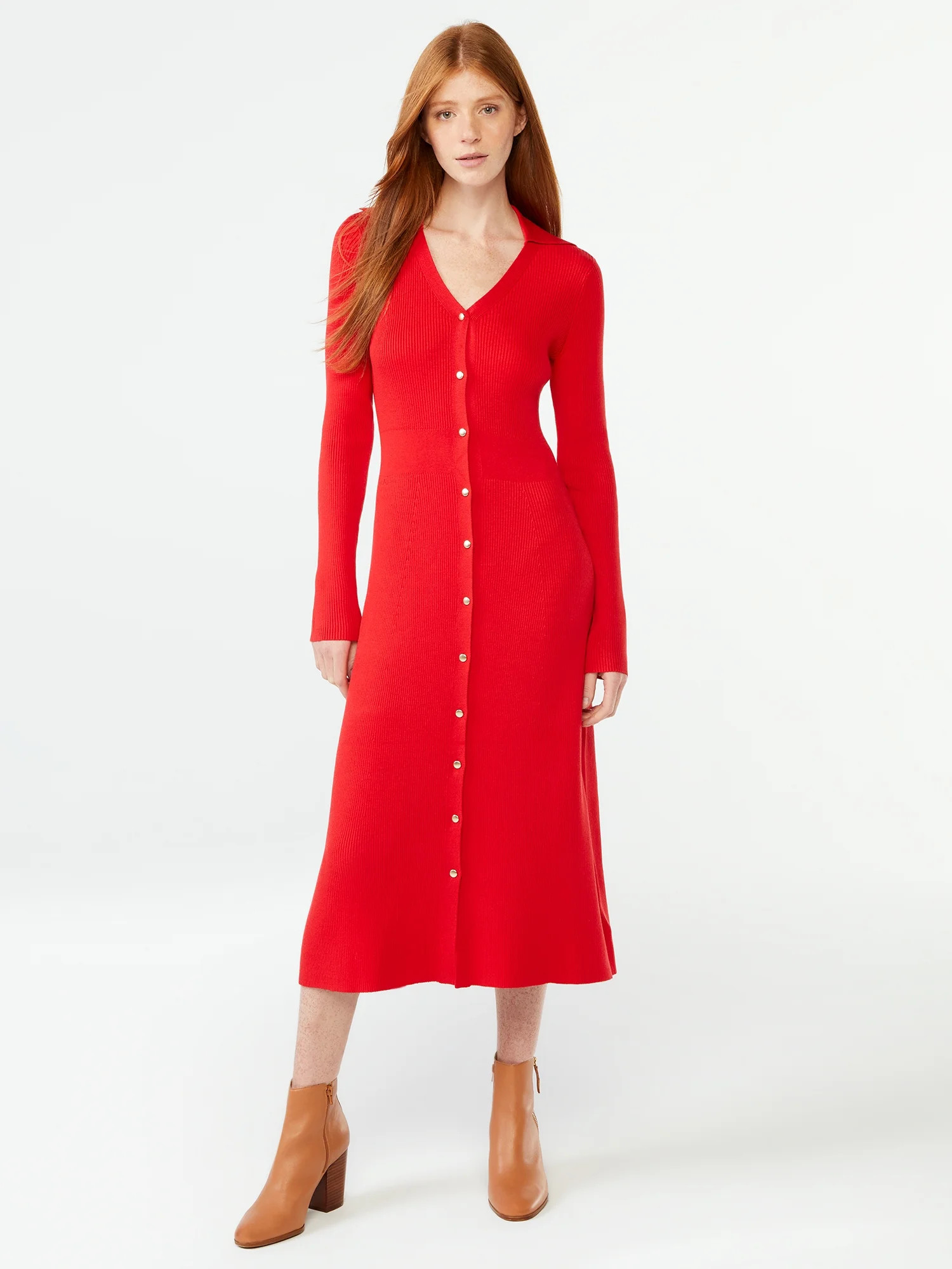 Free Assembly Women's Ribbed Sweater Midi Dress with Collar - Walmart.com | Walmart (US)