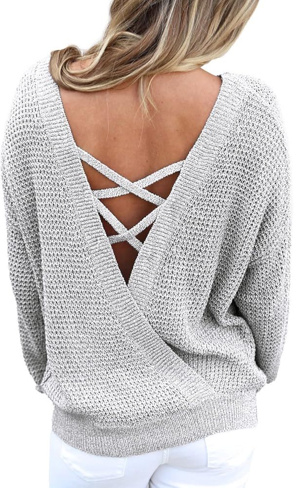 Asvivid Criss Cross V Back Sweaters for Women Long Sleeve Crewneck Knitted Pullover Casual Loose ... | Amazon (US)