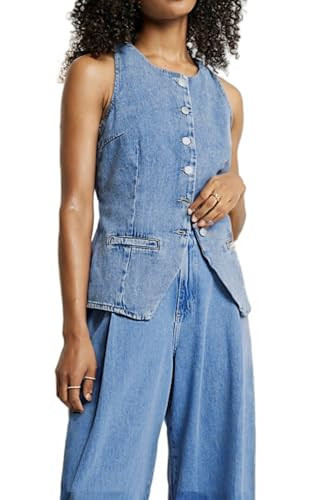 EZAPINE Women's Denim Long Vest Tops Crew Neck Button Down Back Belt Denim Waistcoat Sleeveless Jean Jacket Streetwear | Amazon (US)