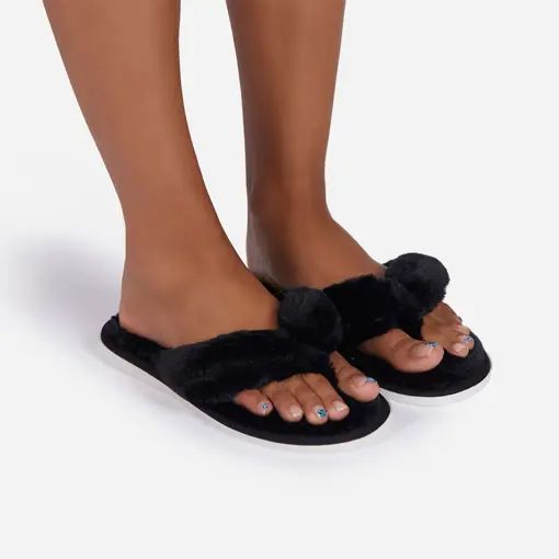 Snuggy Fluffy Thong Toe Slipper In Black Faux Fur | Ego Shoes (UK)