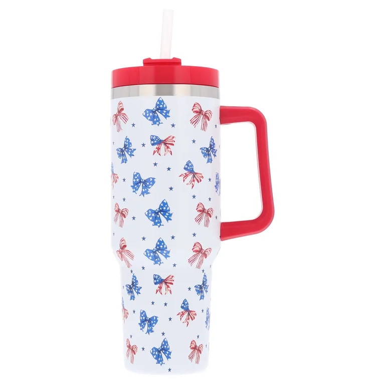 Stainless Steel Bow Tumbler with Straw, Red/White/Blue, 40 oz, Patriotic by Way To Celebrate | Walmart (US)