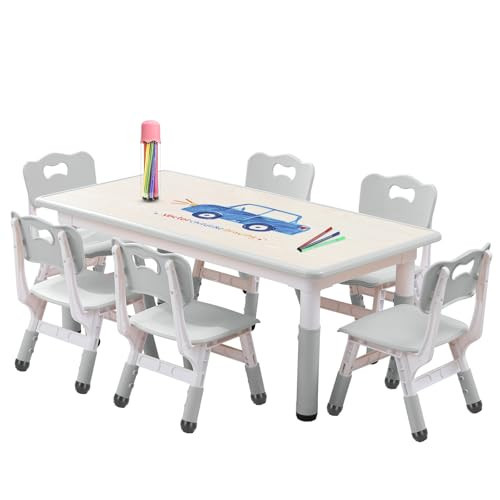 Kids Table and Chairs Set, Height Adjustable Desk With 6 Seats for Ages 2-12,Arts & Crafts Table,Graffiti Desktop, Non-Slip Legs, Max 300lbs, Children Multi-Activity Table for Classrooms,Daycares,Home | Amazon (US)