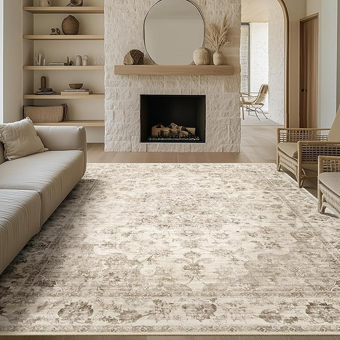 8x10 Washable Neutral Area Rug Beige Vintage Living Room Bedroom Carpet Non-Slip Soft Low Pile Fl... | Amazon (US)