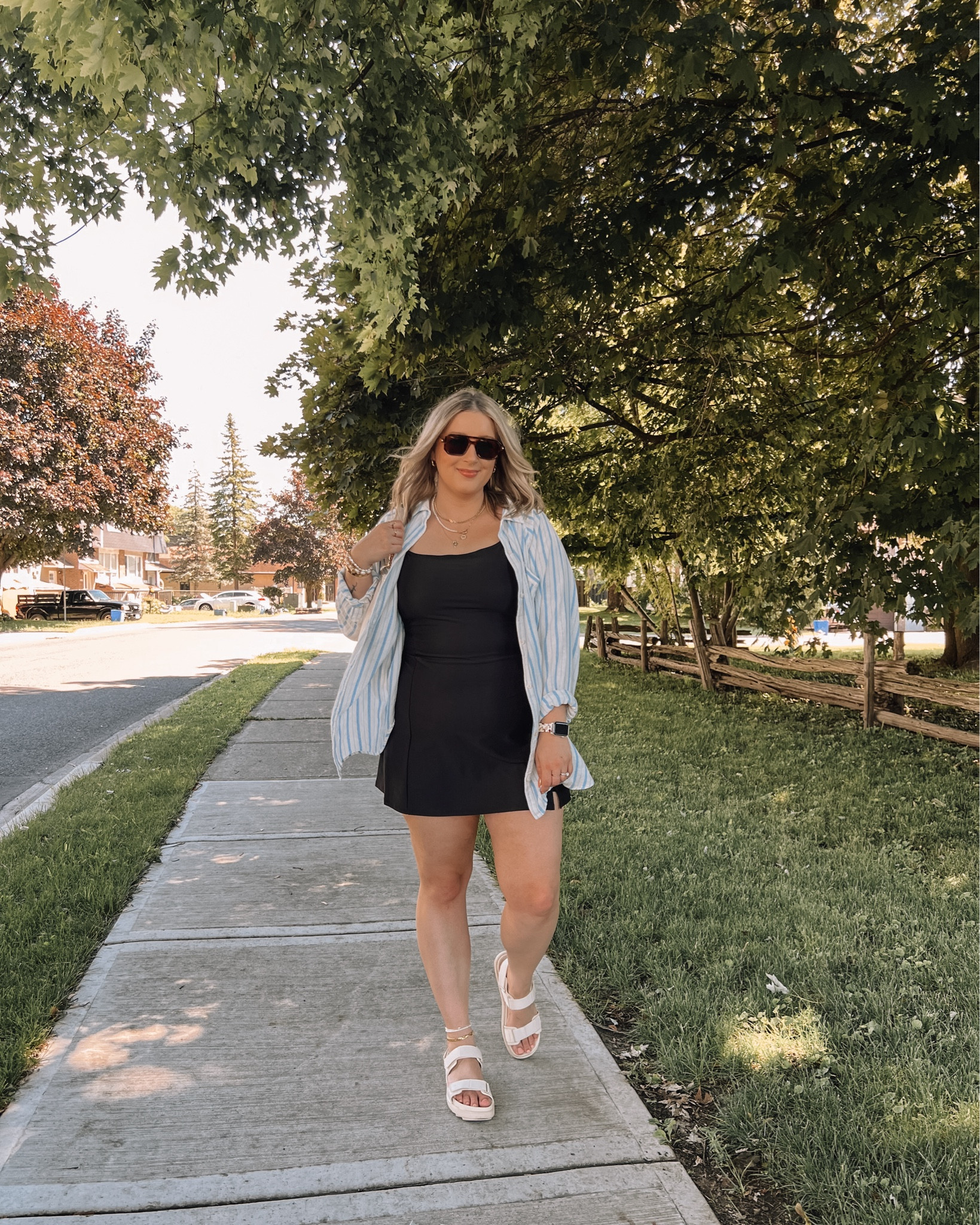 Casual midsize summer outfit - black active dress (L), striped linen button up shirt (L), Velcro sandals (run a little big, sized down .5)



#LTKmidsize #LTKcanada #LTKsummer