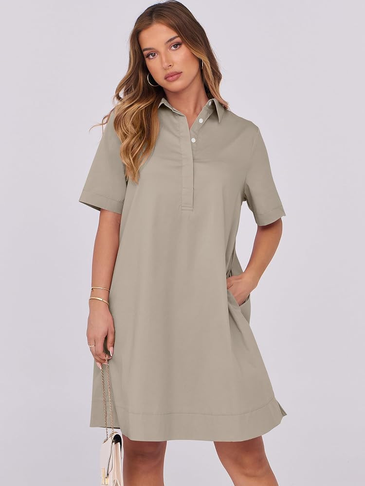 ANRABESS Women Button Down Shirts Dress Summer Casual Oversized Short Sleeve Mini Dresses with Po... | Amazon (US)