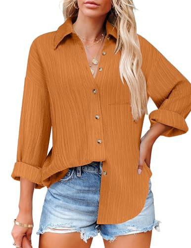 HOTOUCH Womens Button Down Shirts Casual Button Up Blouse Long Sleeve Dress Shirt Collared Work Blouse with Pocket Light Brown | Amazon (US)