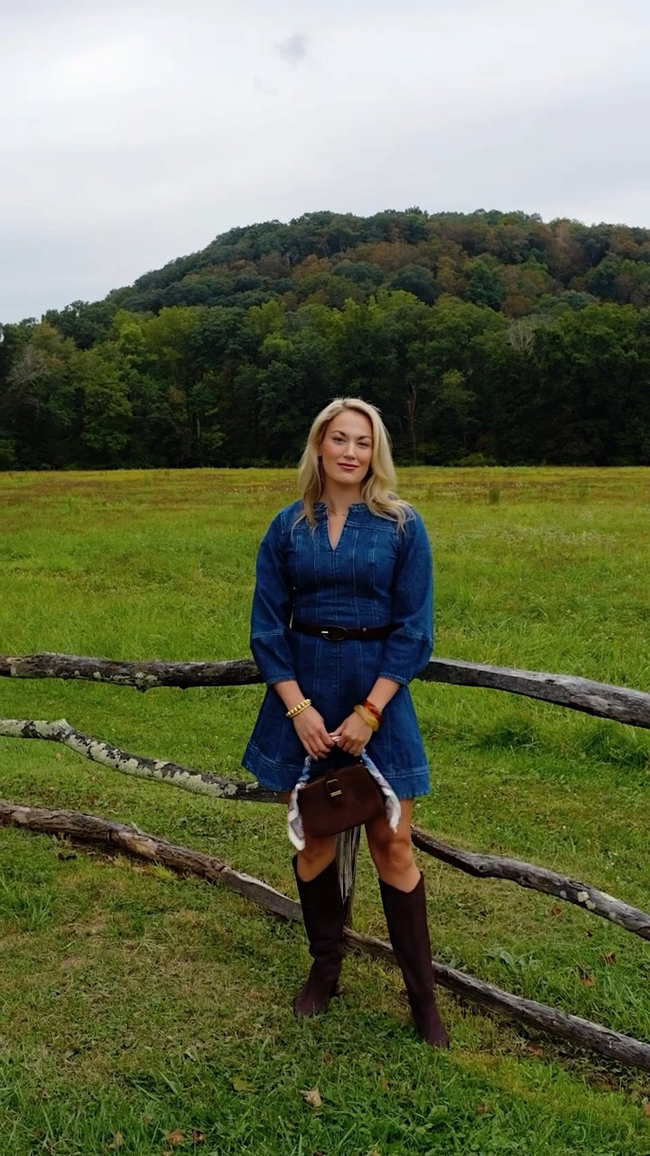 Denim dress perfect for fall on sale for 50% off, chocolate brown boots, fall belt 

#LTKFindsUnder50 #LTKSaleAlert #LTKSeasonal