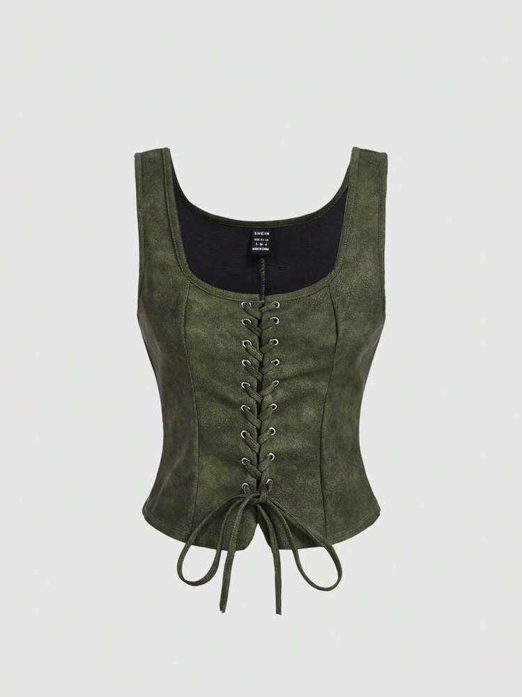SHEIN MOD Plus Size Women Vintage Eyelet Lace-Up Olive Green Tank Tops, Casual Everyday Wear,Fall... | SHEIN