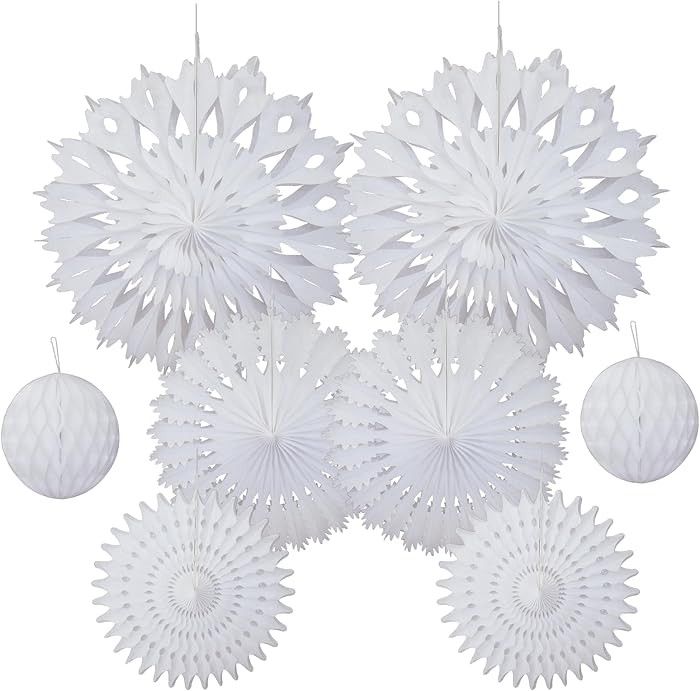 8PCS Christmas White Paper Snowflake Decorations Reusable Winter Wonderland Hanging Paper Fans fo... | Amazon (US)