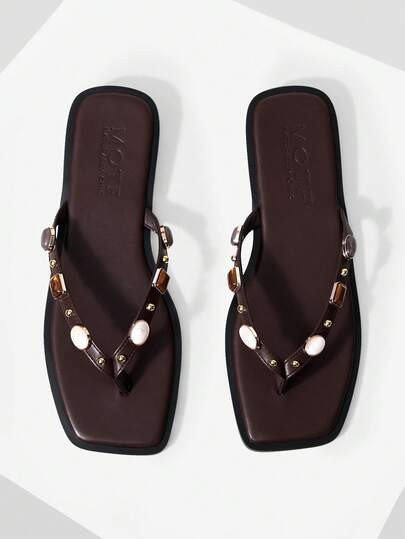 MOTF SPRING AND SUMMER NEW OUTDOOR WOMEN'S FLAT-BOTTOMED SQUARE TOE BROWN PINCH SLIPPERS WOMEN'S ... | SHEIN