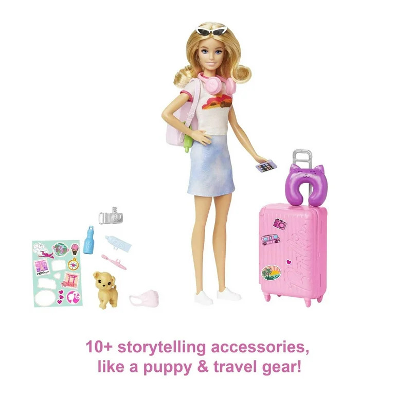 Barbie Doll and Accessories, 'Malibu' Travel Set with Puppy & Working Suitcase, 10+ Pieces | Walmart (US)
