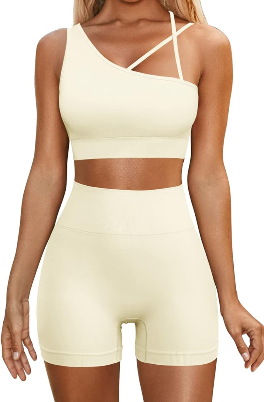 QINSEN Workout Sets for Women One Shoulder Sport Bra High Waist Booty Shorts Seamless Gmy Yoga 2 ... | Amazon (US)