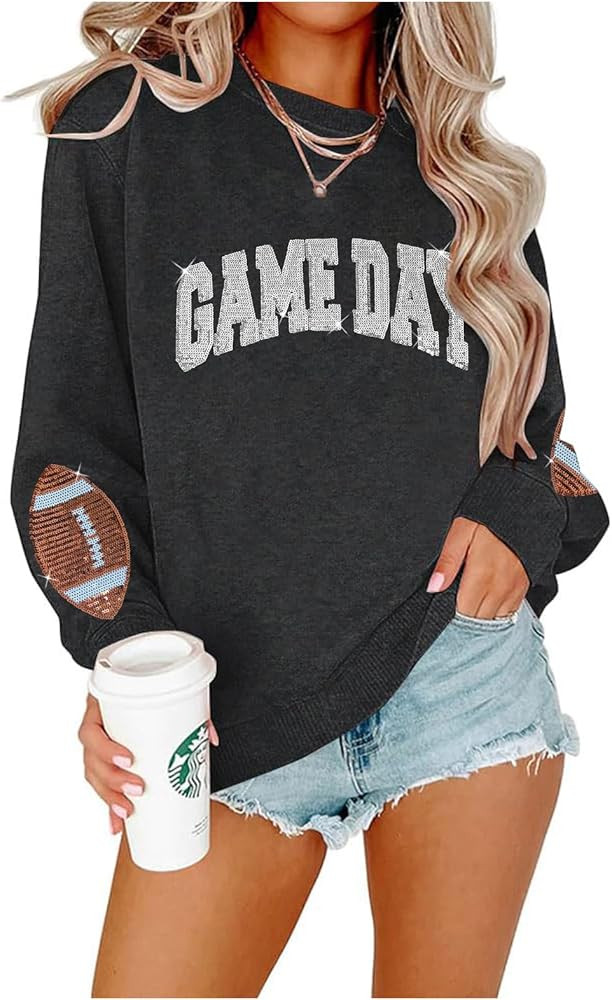 Game Day Sweatshirt for Women Sequin Football Long Sleeve Shirt Crew Neck Sunday Funday Pullover ... | Amazon (US)