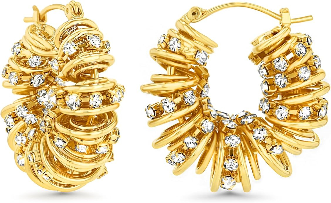 18K Gold Plated Chunky Curve Twisted Open Hoop Statement Stud Earrings with CZ for Women by SNGIA... | Amazon (US)