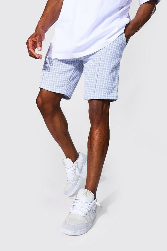 Slim Dogtooth Jacquard Pintuck Shorts | boohooMAN (DE, IE & UK)