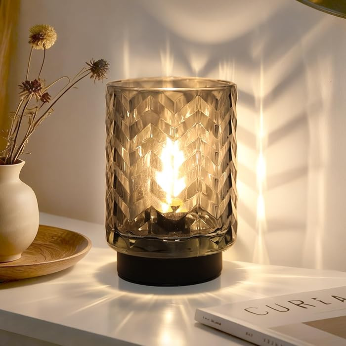 LUSHARBOR Battery Operated Lamp with Timer, Small Table Lamp for Office Desk Decor, Glass Cordles... | Amazon (US)