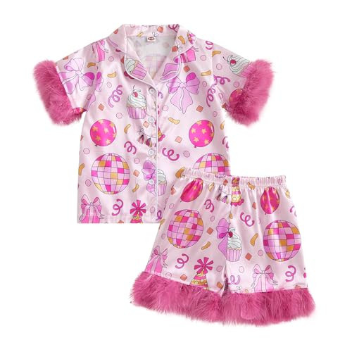 Kids Baby Girl Birthday Silk Pajamas Set Cake Button Down Shirts Tops Shorts My Birthday Girls Satin Pj Sleep Sets (Feather Trim Pink, 1-2 Years) | Amazon (US)