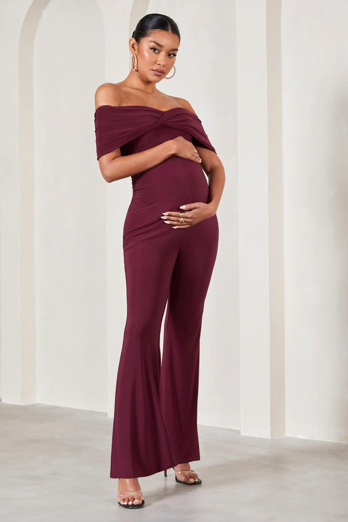 Elisa | Burgundy Bardot Flared-Leg Maternity Jumpsuit | Club L London