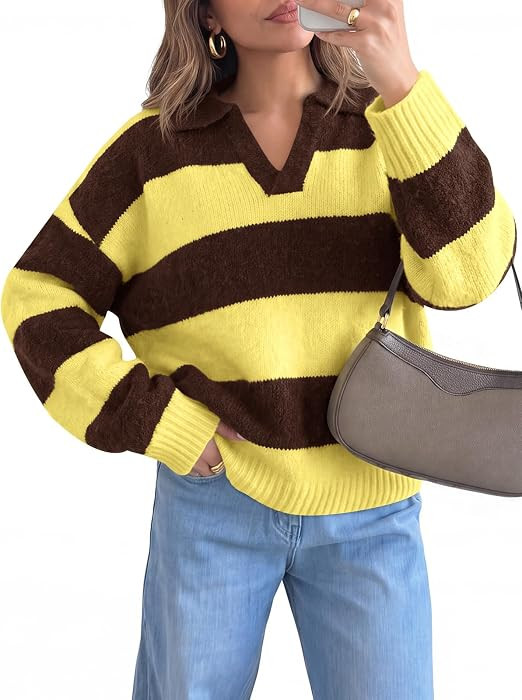 Saodimallsu Womens Striped Polo V Neck Sweaters Color Block Pullover Tops | Amazon (US)