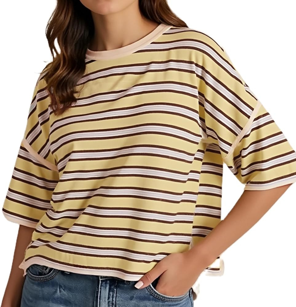 Amiblvowa Preppy Oversized Striped Shirt Women Short Sleeve Loose Crewneck Cropped Tops Summer Y2... | Amazon (US)