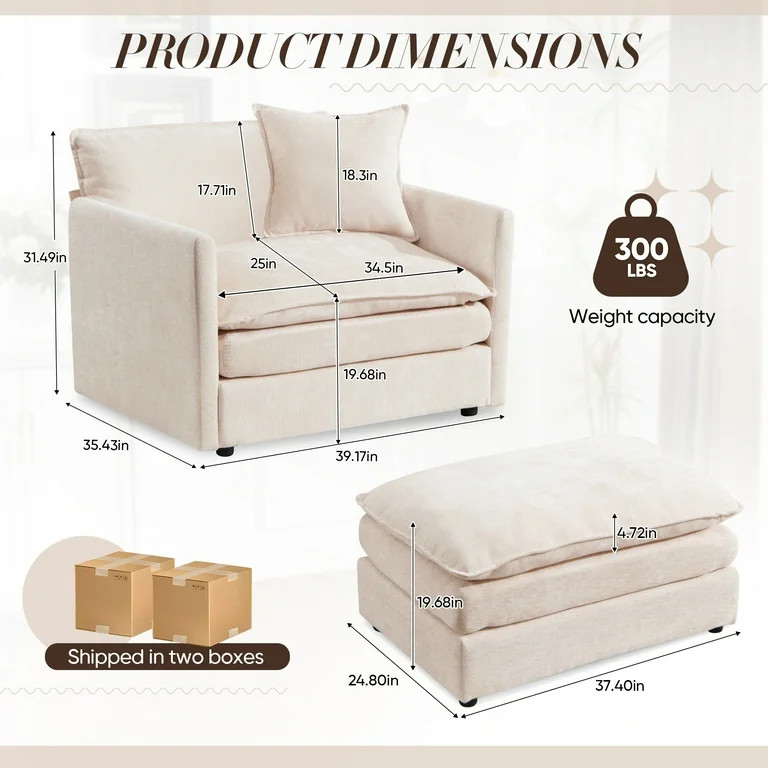 Muumblus Oversized Lounge Chair with Ottoman, Cloud Accent Armchair in Beige Chenille | Walmart (US)