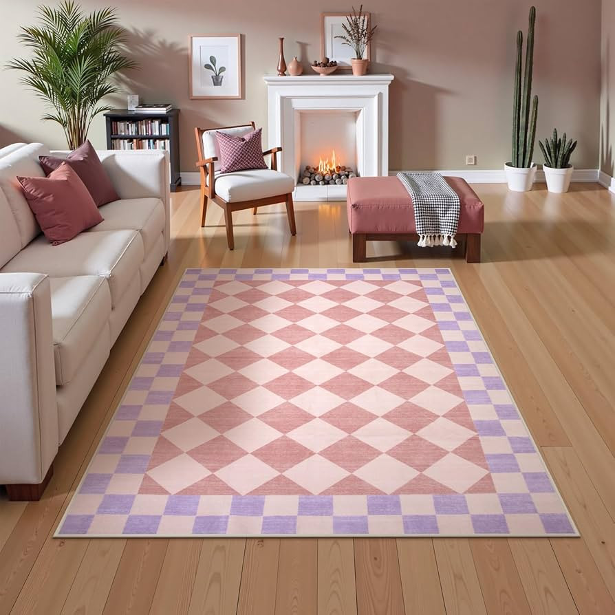 Morebes Checkered 5x7 Pink Rug for Bedroom Girls, Machine Washable Area Rug for Living Room Non S... | Amazon (US)