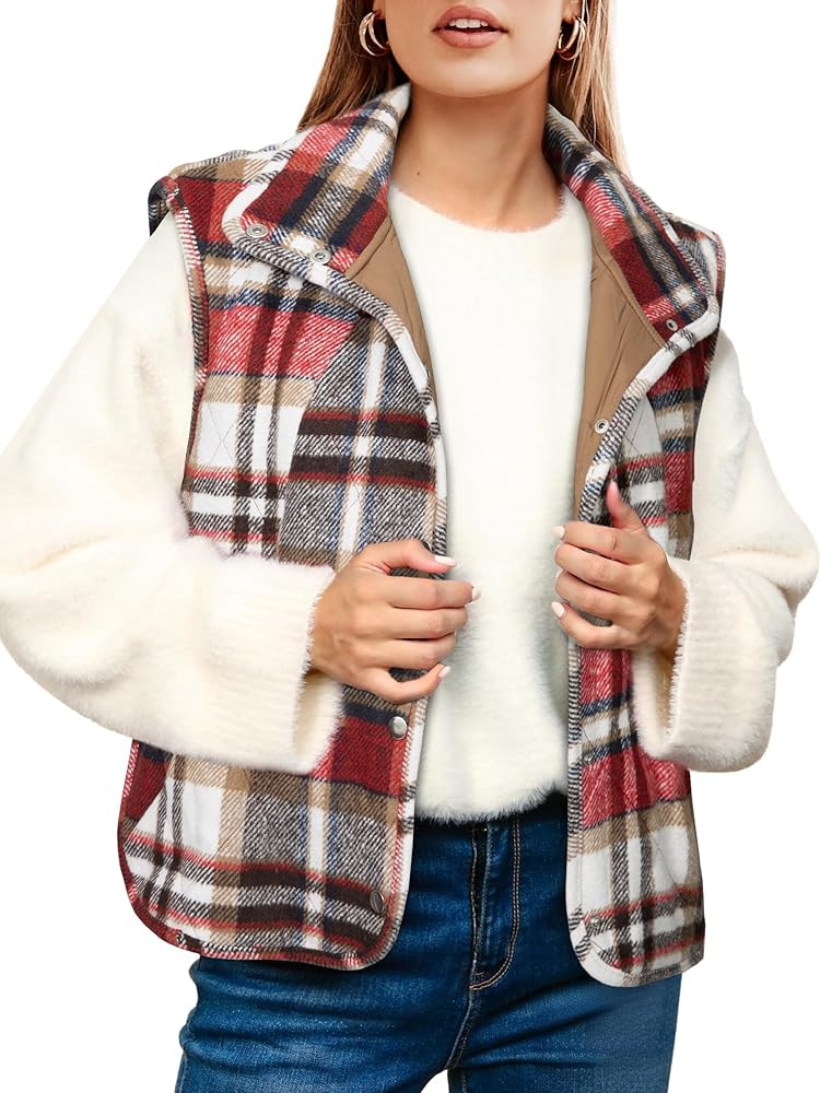 Glamaker Womens Plaid Puffer Vest Quilted Sleeveless Stand Collar Button Down Lightweight Winter ... | Amazon (US)