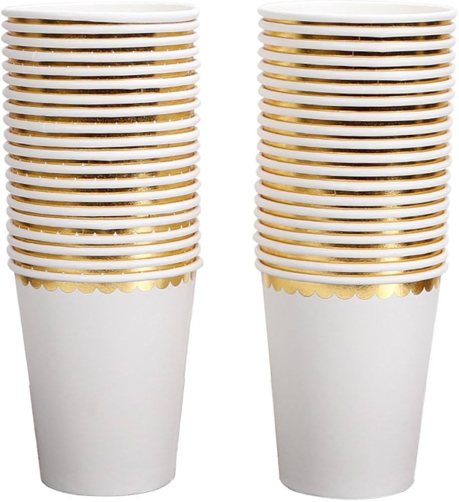 Geeklife White Paper Cups with Sparkly Gold Foil Border,Disposable Gold Party Paper Cups 9 oz,40 ... | Amazon (US)