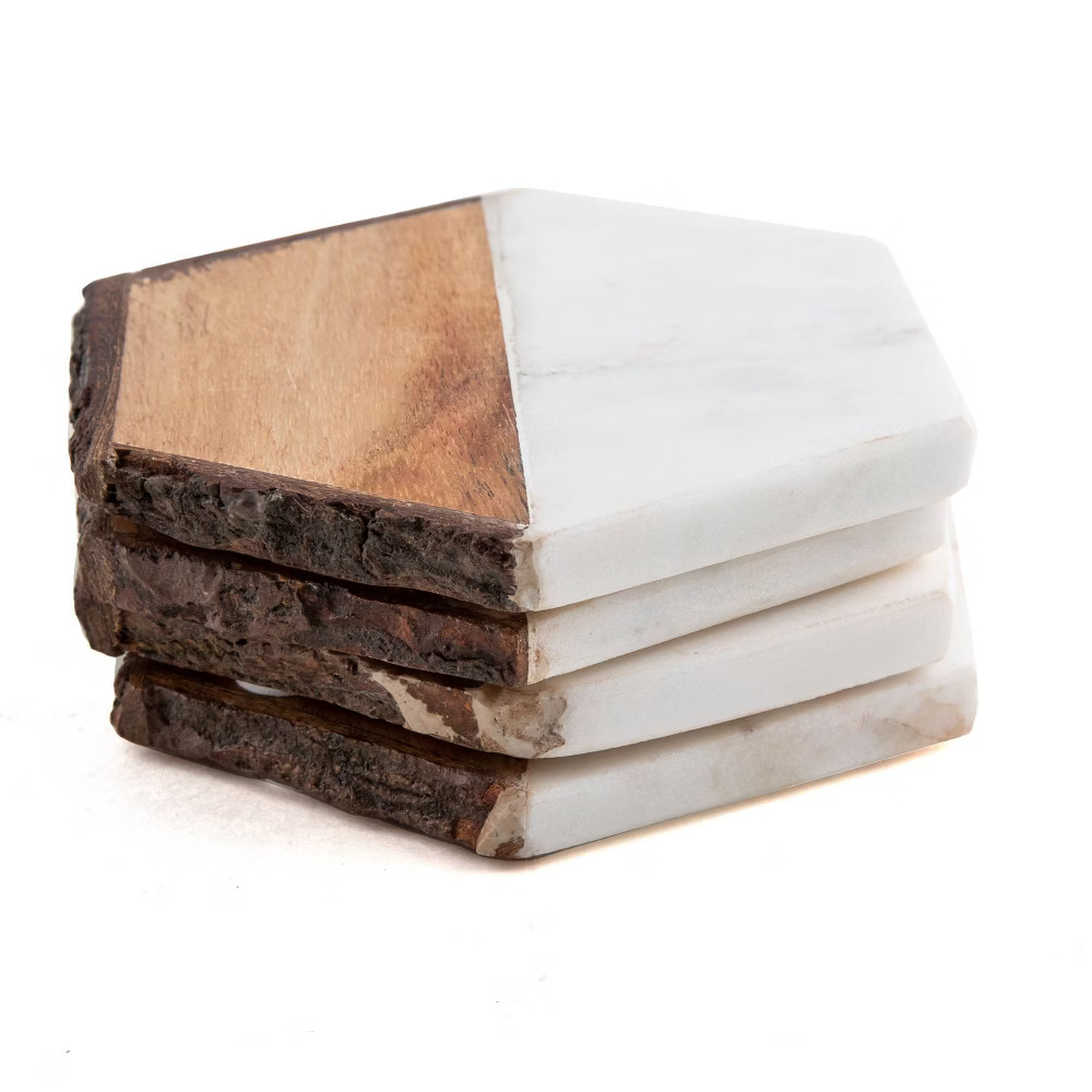 4pk Marble and Acacia Wood Hexagon Coasters - Thirstystone | Target