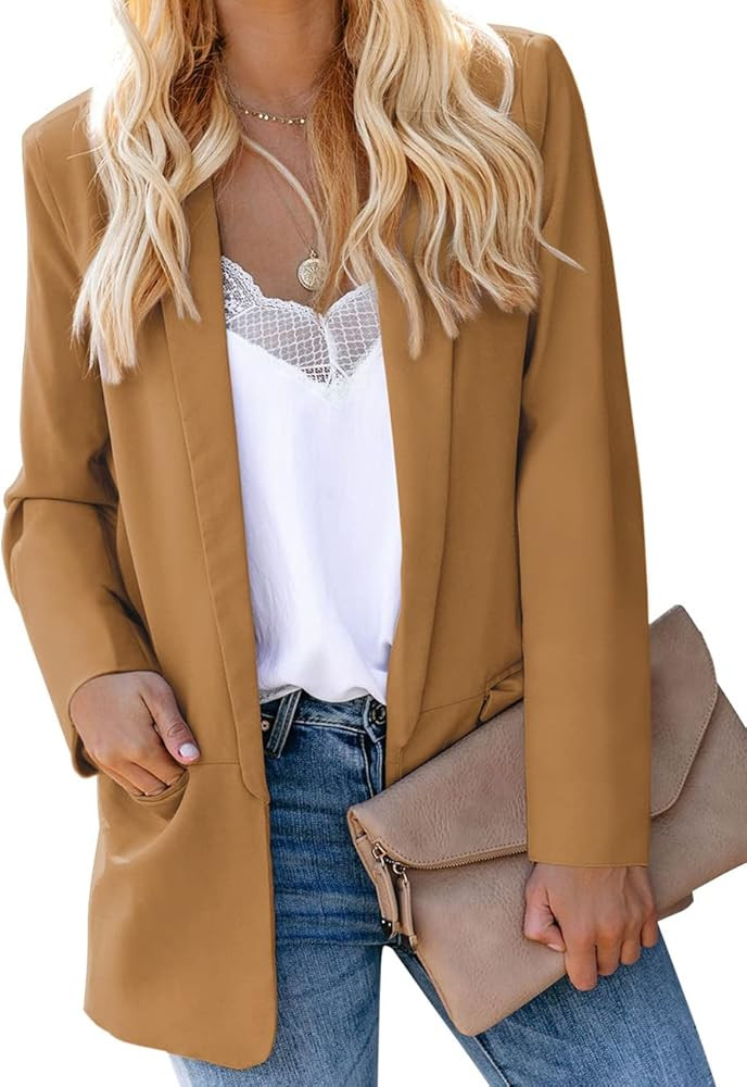 Vetinee Women's Casual Open Front Blazer Suit Pockets Work Office Cardigan Jacket | Amazon (US)