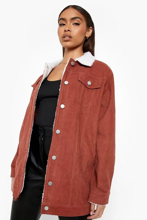 Teddy Detail Longline Cord Jacket | Boohoo.com (US & CA)