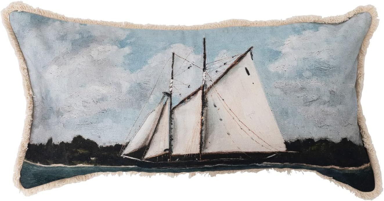 Creative Co-Op Cotton Lumbar Sailboat Image and Fringe Pillow, 24" L x 12" W x 2" H, Multicolor | Amazon (US)