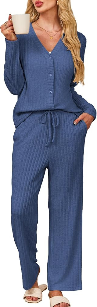 Kikibell Womens Pajamas Sets Button Down Lounge Set 2 Piece Sleepwear Loungewear Long Sleeve Pjs ... | Amazon (US)