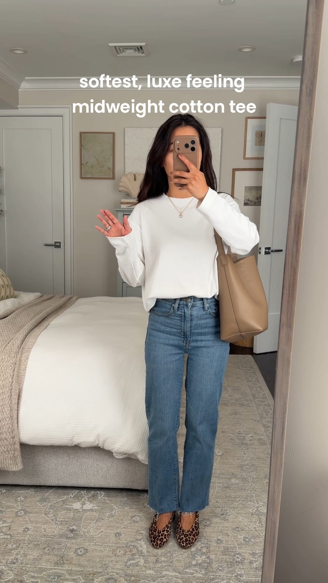 Our favorite luxe tee now comes in long sleeves 
• Babaton interlock Oversized tee xxs.  size down if you can, sleeves are a little long on me, can roll up. Thicker cotton weight, very soft. Easy tee over leggings. 

• Frame jeans 24 petite hems cut half an inch. 
• teensy diamond necklace 0.12ct and liliclaspe pendant 
• sezane flats US 4 (fits like 5) I wear with heel lifts to prevent ankle rubbing