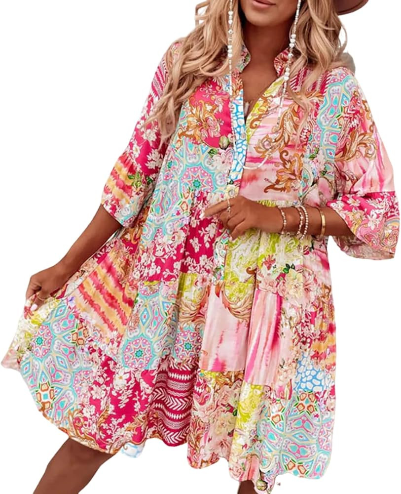 Women's Casual Sweet Pink 3/4 Sleeve Mini Dress Breathable Blend Loose Fit 2025 Summer Fashion | Amazon (US)