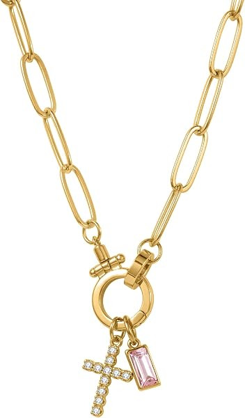 Paperclip Birthstone Cross Charm Necklace for Women, Gold Plated Dainty Layered Chain, Personaliz... | Amazon (US)